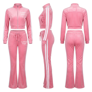 Conjunto de chándal de 2 piezas de terciopelo marrón para mujer, cuello alto, cremallera, manga larga, estampado de letras, conjunto Y2K - Product Image 4