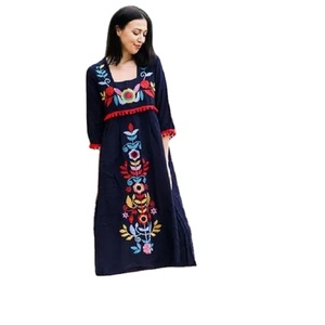 Boho Maxi <b>Dress</b> Women 100% Cotton Hand Embroidered Floral Print <b>Loose</b> Fit Three Quarter Sleeve Square Neck Summer Casual <b>Dress</b> - Product Image 1