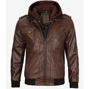 2026 OEM Best Selling <b>Brown</b> Cowhide <b>Leather</b> <b>Jacket</b> For <b>Men's</b> Hood Collar Zipper Pockets 100%High Quality Low MOQ Fashion <b>Jackets</b> - Product Image 1