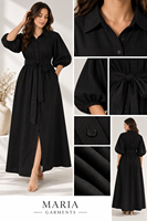 Tenues d'été modernes et chics pour femmes - Robe longue noire à manches bouffantes respirante en 100 % coton avec ceinture, fournisseur en gros