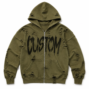 Sudadera con capucha verde oliva desgastada con cremallera, letras pintadas con efecto desgarrado, hombros caídos, estilo gótico moderno, abrigos grunge - Product Image 1