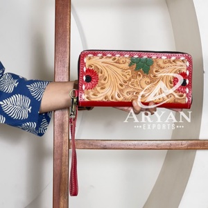 Vintage Tooled Genuine Leather Multi Flower Design Women’s Clutch <b>Wallet</b>, Colorful Cactus <b>Zip</b> Slim Card Holder for Daily Use - Product Image 1
