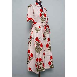 Vestido Midi de Algodón 100% para Mujer, Ecológico, Lavable, Transpirable, con Botones en la Espalda, Estampado, Cuello en V, Manga Corta - Product Image 5