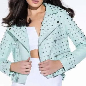 Veste moto en cuir PU bleu clair pour femme, col rabattu, fermeture éclair, manches longues, veste à rivets, style automne - Product Image 4