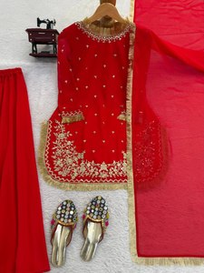 Red 3 Piece Sharara Suit Set Designer Party Wear Faux Georgette Thread With Sequence Work <b>Top</b> With Sharara And Lace Work Dupatta - Product Image 1