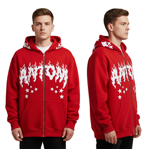 เสื้อฮู้ดดี้ผู้ชายสไตล์ Y2K สีแดง ซิปยาวเต็มตัว ลายกราฟิกเปลวไฟ ปักลายอย่างดี ผ้าฟลีซหนานุ่ม ทรงโอเวอร์ไซส์ - Product Image 3