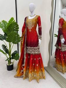 LISTO PARA ENVIAR, NUEVA COLECCIÓN, TOP DE SEDA CHINON CON BORDADO, TRABAJO DE LENTEJUELAS Y DORI, CON PANTALÓN SHARARA Y DUPATTA, COLOR NARANJA 75345 - Product Image 5