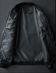 ODM Men's Black Genuine Leather Coated Stand Collar Breathable <b>Sherpa</b> <b>Lined</b> Streetwear Vintage Varsity Jacket Stylish for Winter - Product Image 3