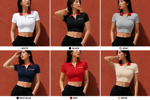 Camiseta Corta Personalizada para Mujer con Cuello en Contraste, Media Cremallera, Ajuste Delgado, Manga Corta, Poliéster, Estilo Casual Urbano OEM ODM - Product Image 6