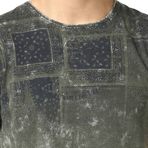 Men's Short Sleeve O-Neck <b>Patchwork</b> T-<b>Shirt</b> Regular Fit Washed Cotton Casual Style Green with Pattern - Product Image 4