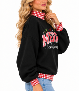 Custom Women’s Oversized <b>Mock</b> Neck Sweatshirt Cotton Gingham Letter Ribbed Breathable Casual Winter Pullover - Product Image 4