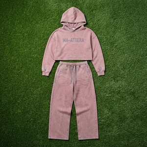 Custom Women Acid Wash <b>Pink</b> Cropped Hoodie Wide Leg Sweatpants Two Piece <b>Tracksuit</b> OEM Wholesale - Product Image 5