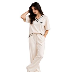 Women's Ivory Solid Casual Two-Piece Set V-Neck <b>Short</b> <b>Sleeve</b> <b>Top</b> and Wide-Leg Drawstring Pants 100% Polyester Breathable - Product Image 2
