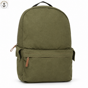 Mochila de Lona Verde Oliva con Bolsillo Frontal con Cremallera y Asa Superior |   Mochila clásica para el día a día con textura tejida y tiras laterales - Product Image 1