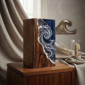 Ocean Wave Resin Wooden Urn Handmade Cremation Keepsake <b>Memorial</b> <b>Box</b> Home Display - Product Image 3