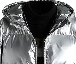 <b>Mens</b> Glossy Silver Hoodie Puffer <b>Jacket</b> Shiny Hooded Insulated Winter Warm Padded Outerwear Zipper Closure Bubble Glossy <b>Jackets</b> - Product Image 3
