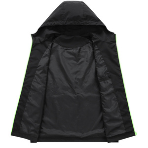 Custom Wholesale Casual Men's Black Hooded Windproof Sport <b>Jacket</b> With Neon Green Zipper And Front Logo Print - Product Image 4