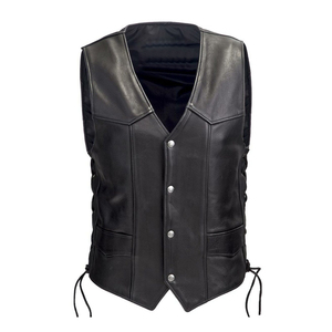 Chaleco de Motociclista de Cuero para Hombre, Estilo Clásico con Cordones Laterales y Cierre de Botones a Presión - Product Image 1