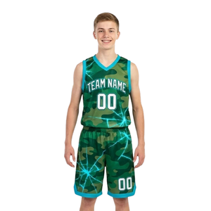 Conjunto de uniforme de baloncesto para jóvenes, camiseta sin mangas con cuello en V y estampado de camuflaje, pantalones cortos a juego, nombre/número del equipo personalizado, kit del club - Product Image 1