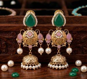Pendientes de botón chapados en oro vintage con jade verde, circonita y perla de imitación, diseño de campana, estilo étnico para mujer, joyería de boda - Product Image 1