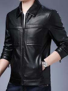 Veste en cuir noir pour homme, style décontracté chic, col chemise zippé, coupe ajustée, en véritable peau d'agneau, mode américaine - Product Image 3