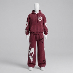 Women's Burgundy Graffiti <b>Heart</b> Hoodie Tracksuit Set White Printed <b>Sweatshirt</b> Wide Leg Pants Streetwear Two Piece Outfit - Product Image 1
