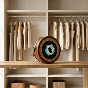 Bolso Bandolera Redondo Estilo Canteen Occidental con Diseño de Alfombra Azteca en Cuero |   Bolso de Hombro Estilo Boho Color Turquesa |   Bolso Tote Chic de Moda para Mujer - Product Image 4