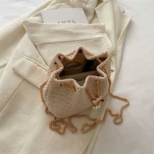 "Woven Women's <b>Bucket</b> <b>Bag</b> with <b>Pearl</b> Decoration and Drawstring Closure" - Product Image 4