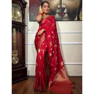 ATTRACTIVE BANARASI <b>SILK</b> GOLD ZARI WORK SAREE WITH UNSTITCHED BLOUSE <b>RED</b> - Product Image 1