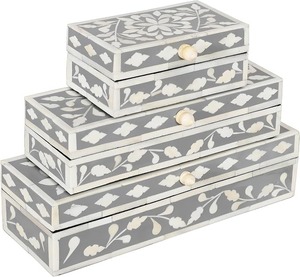 Rectangular Bone Inlay <b>Storage</b> Boxes Set Floral Inlay Design Oriental Style Jewelry Box Decorative Keepsake Organizer Bedroom - Product Image 6