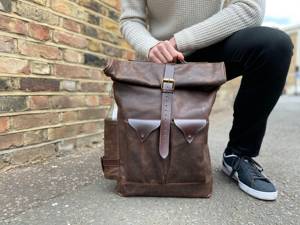 Unisex Minimalist Leather <b>Roll</b> Top <b>Backpack</b> Neutral Tones Rucksack For Couples Versatile Travel Bag LRTB-0198 - Product Image 4