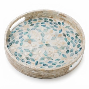 Fine Quality Mother of Pearl Tray Round <b>Mosaic</b> MOP Inlay Serving Tray with Handles Decorative Shell Coffee Table Ottoman Tray - Product Image 1
