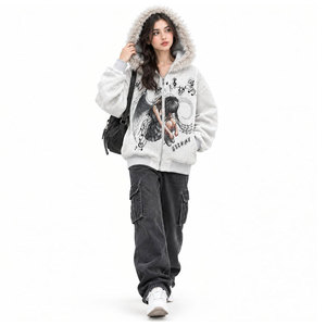 Sudadera con capucha y cremallera para mujer con ribete de piel sintética, estampado de ángel musical, chaqueta casual de invierno, 100% poliéster, tejido de punto, manga larga - Product Image 4
