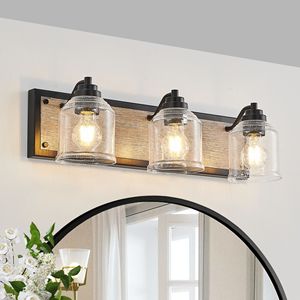 Lampada da bagno a 3 luci in stile rustico M, finitura effetto legno nero, 23 pollici, con paralumi in vetro smerigliato trasparente - Product Image 3