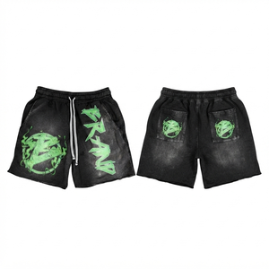 <b>Men</b> Acid Wash <b>Shorts</b> Premium 320 GSM Cotton <b>Woven</b> Custom Sequined Logo Black Green Sporty Mid Waist Loose Fit Waterproof - Product Image 1