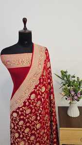 Sari en soie authentique Banarasi Khaddi Chiffon Georgette, tissé à la main, teinture Rangkat, pour occasions traditionnelles, bordure Zari de luxe - Product Image 4