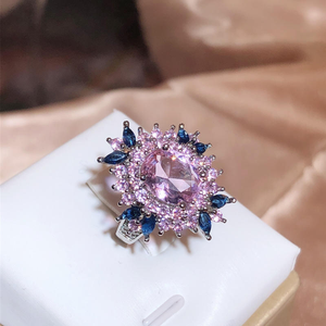 IPink Blue Flower Moissanite <b>Ring</b> 925 <b>Silver</b> Luxury Halo <b>Statement</b> <b>Ring</b> for Women - Product Image 2