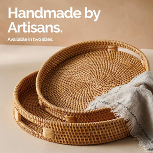 PHU HAO Wicker Rattan Handmade Eco-Friendly Space-Saving Multi-Purpose Storage <b>Basket</b>/<b>Tray</b> with Handles for Home Decor - Product Image 6
