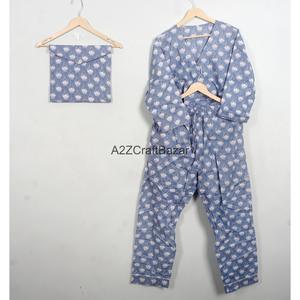 Handmade Women's Floral Cotton Pajama <b>Set</b> Long Sleeve V-Neck Full Length Drawstring Waist Casual Sleepwear <b>2</b>-<b>Piece</b> - Product Image 2