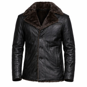 Abrigo de invierno de cuero negro para hombre con cuello de piel, cierre de botones, corte ajustado, chaqueta de cuero genuino premium, chaqueta impermeable. - Product Image 1