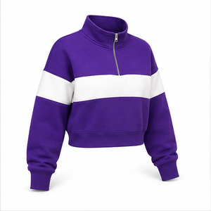 Sudadera Corta Clásica para Mujer, Color Morado Real, Personalizable, con Cierre de Media Cremallera, Dobladillo de Canalé Suave, Mezcla de Algodón WHZCROP-0007 - Product Image 3