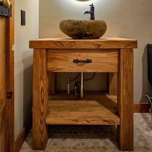 Mueble de baño de madera maciza hecho a mano con cajón de almacenamiento y estante inferior, muebles de madera para un diseño de baño de lujo. - Product Image 1