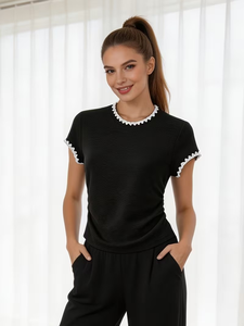 T-shirt da <span class=keywords><strong>donna</strong></span> a maniche corte girocollo con finiture in <span class=keywords><strong>pizzo</strong></span>, tinta unita, vestibilità slim, top casual primavera estate in cotone lavorato a maglia con stampa serigrafica - Product Image 6
