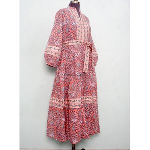 เดรสลำลองทรงเอไลน์ คอวี แขนพอง ลายพิมพ์บล็อกด้วยมือสำหรับผู้หญิง ไซส์พลัส กระดุมผ่าหน้า ความยาวระดับข้อเท้า เอวธรรมชาติ - Product Image 5