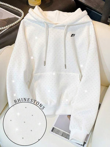 Sudadera con Capucha para Hombre, Detalle de Pedrería Blanca, Felpa de Algodón Grueso, Corte Holgado Regular, Diseño de Logotipo Frontal, Hombros Caídos - Product Image 2