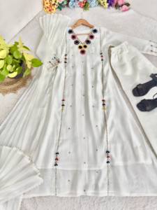 <b>White</b> Embroidered Long Sleeve Ethnic Cotton Kurta Set with Flared Hem V Neck <b>Sheer</b> Dupatta for Muslim Women Party Wear - Product Image 4