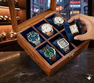 AHTE MANUEXPO UR-065 Rosewood Organizer Hinged Lid 6 Compartments <b>Pine</b> Wood Natural Wood Deep Green PU Leather Soft Mat Jewelry - Product Image 4