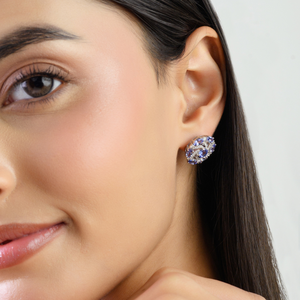 Elegant 925 Sterling <b>Silver</b> Oval & Round Shape Tanzanite & Diamond Swirl Cluster <b>Stud</b> Earrings Wholesale Fine Jewelry - Product Image 4