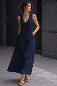 Women Linen Midi Dress Sleeveless V Neck A-Line Dress Button Detail Casual Summer Dress Loose Fit Pockets Dress - Product Image 4