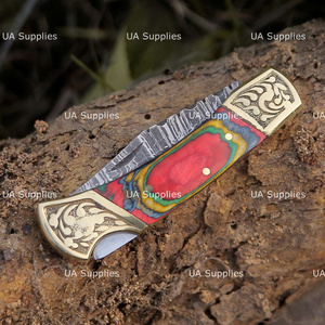 Custom Handmade Hunting Damascus Steel Straight Back <b>Lock</b> Folding Knife Leather Sheath Rainbow Wood Brass Engraved Accents OEM - Product Image 5